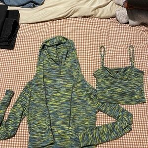 Green and Blue Hooded Jacket and Crop Top Set
